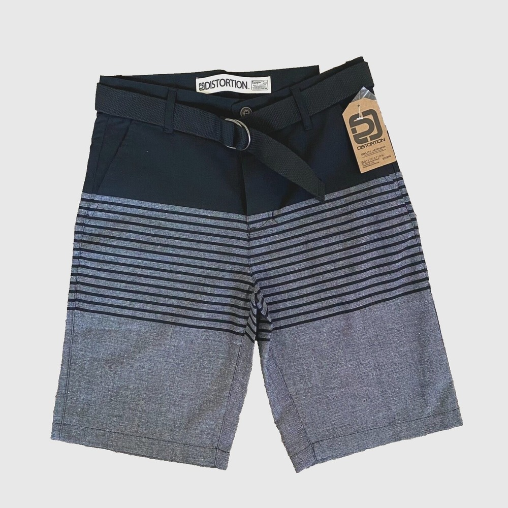 NEW Distortion Boys‎ Black Grey Colorblock Striped Chino Shorts with Belt Siz 12
